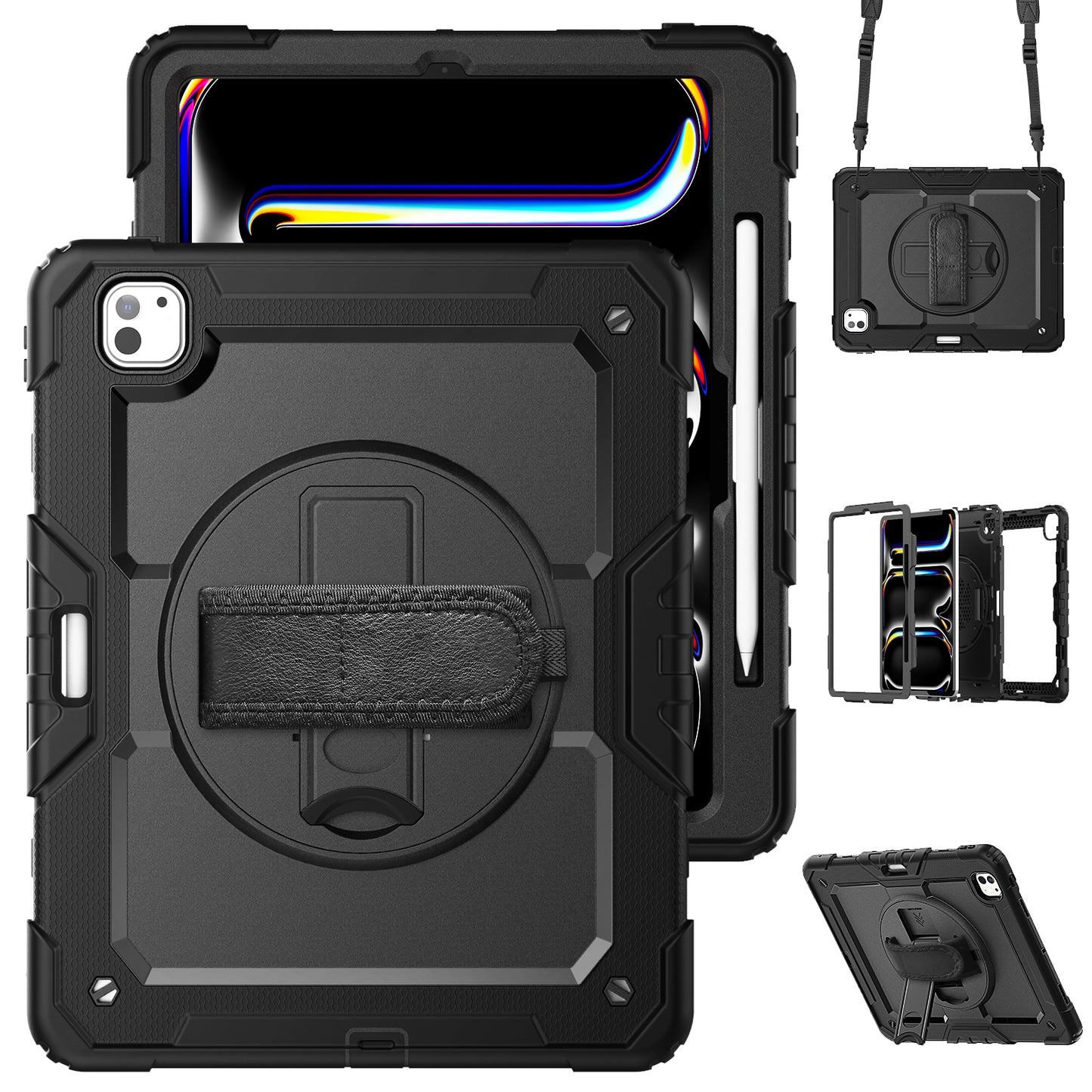 Case for iPad Pro 11 Inch M5 2025 / M4 2024 — Heavy Duty Shockproof with Screen Protector, 360° Stand & Shoulder Strap