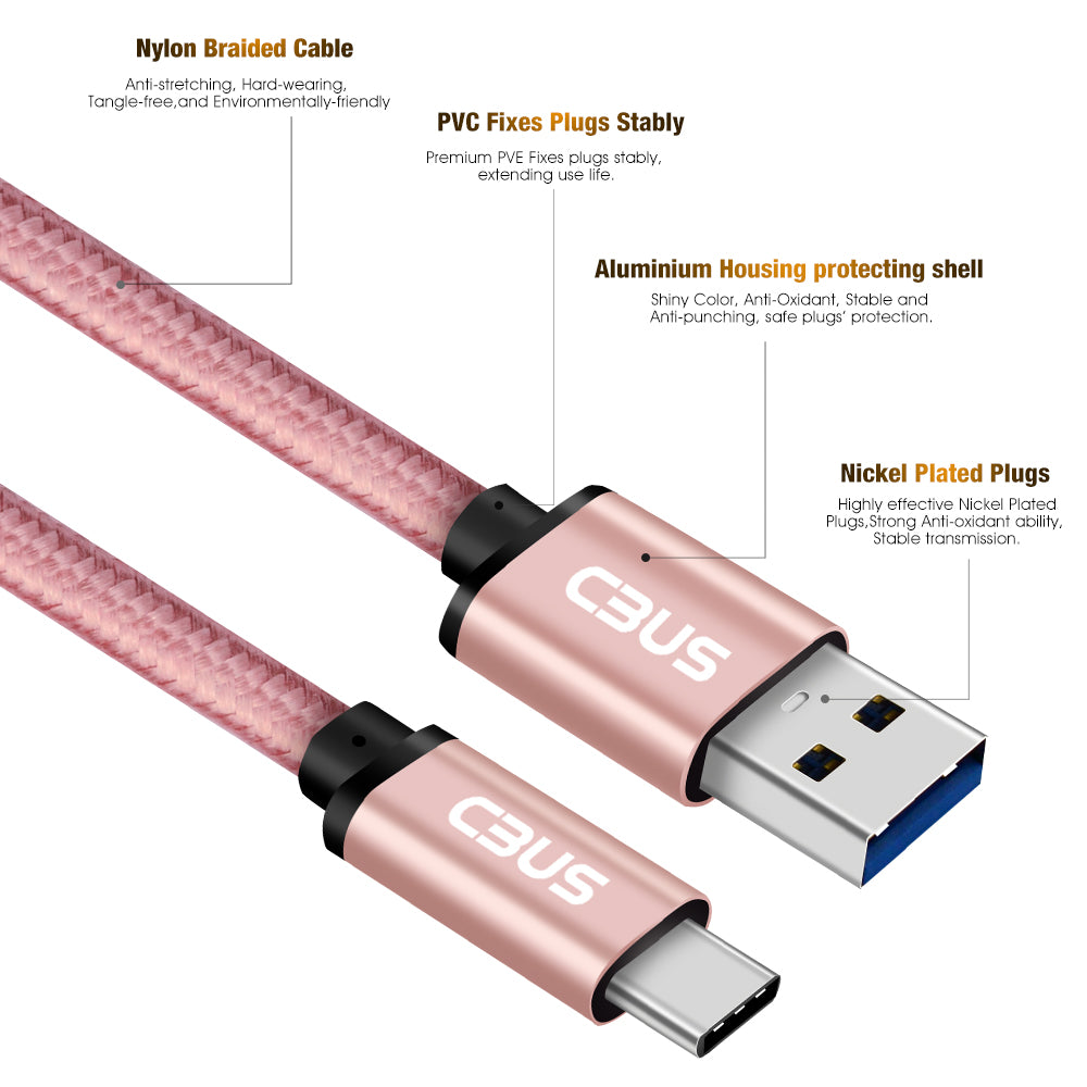 6ft Heavy-Duty Double Braided Fast Charging USB-C Cable (Pink Rose Gold)