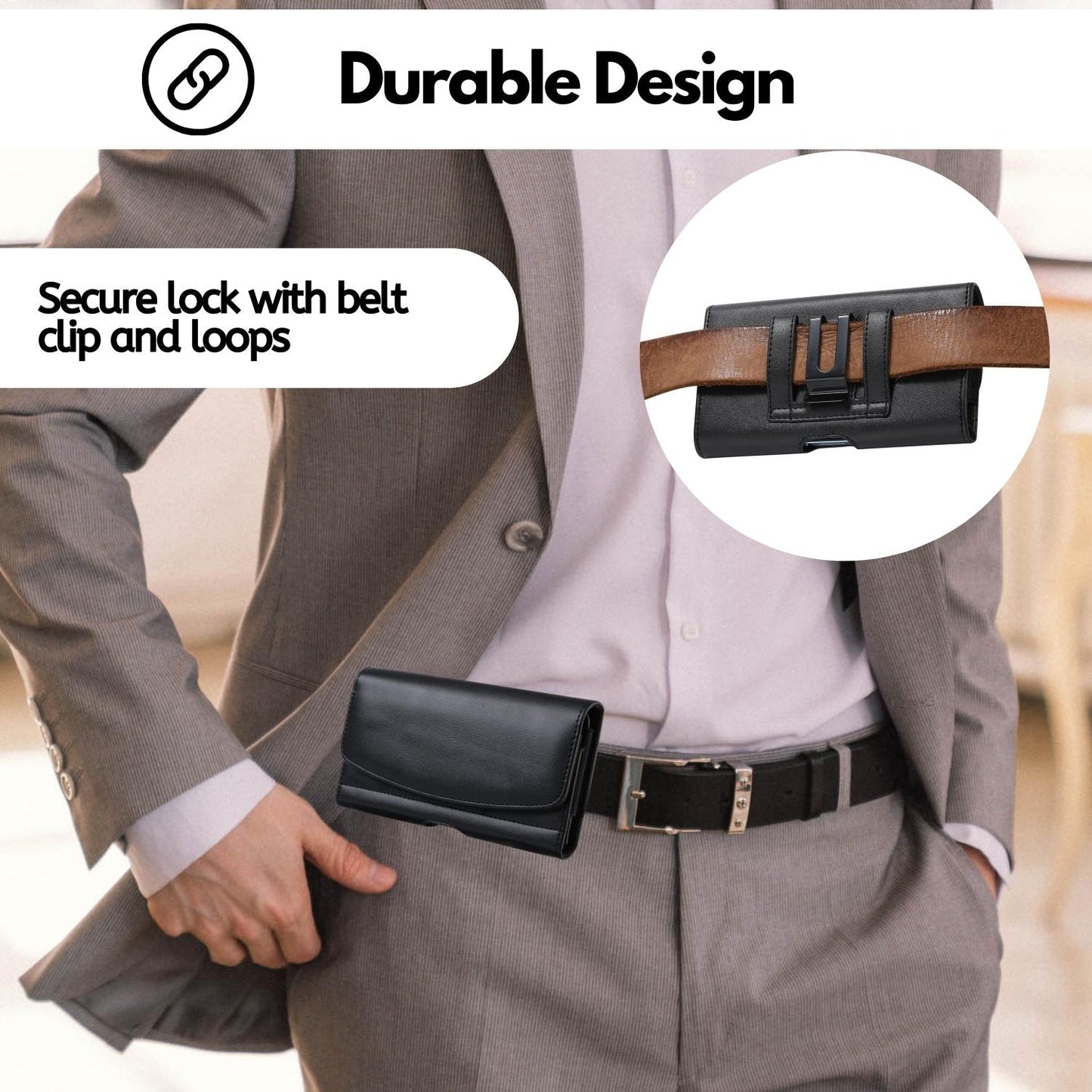 Leather Holster Phone Case with Belt Clip for iPhone, Samsung, Motorola, Pixel, TCL (Fits w/Otterbox Commuter Case)