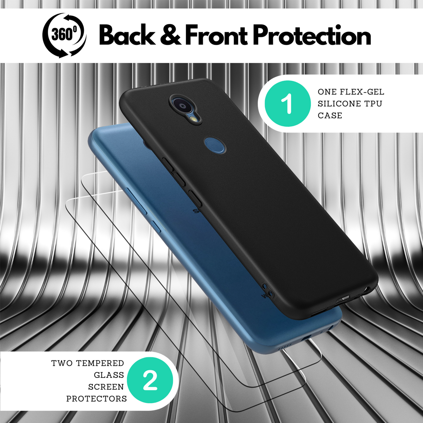Silicone Flex-Gel Case + 2 Glass Screen Protectors for Sharp Rouvo V (Matte Black) Verizon