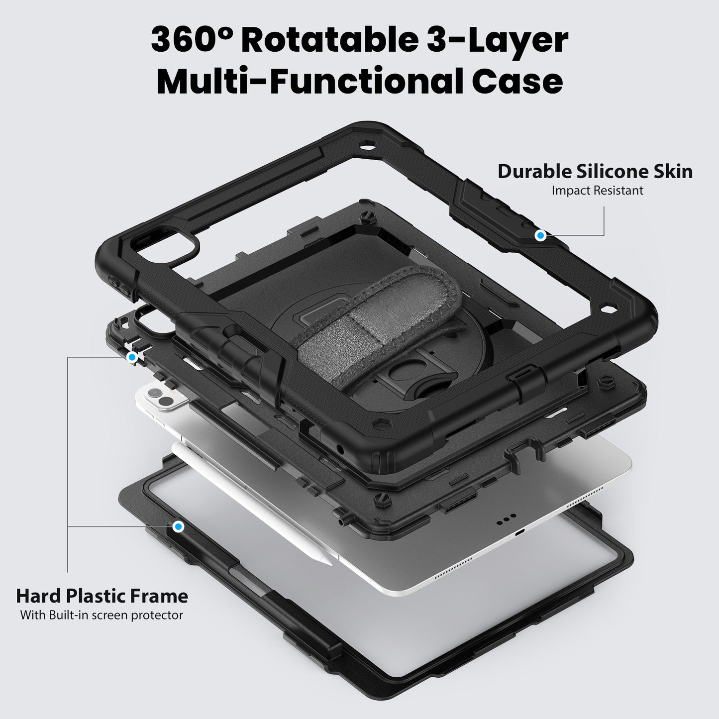 Case for iPad Pro 11 Inch M5 2025 / M4 2024 — Heavy Duty Shockproof with Screen Protector, 360° Stand & Shoulder Strap