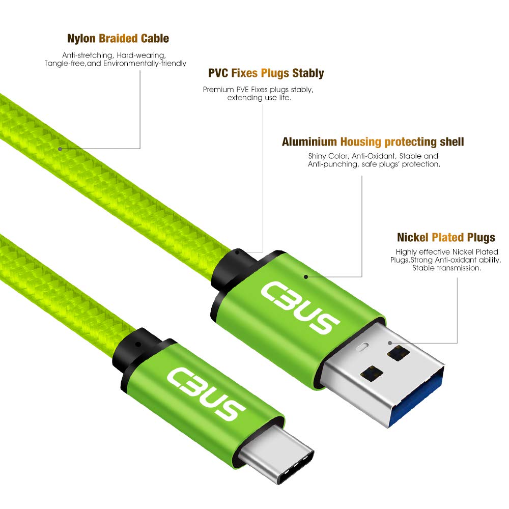 [3-Pack] 6ft Heavy-Duty Double Braided Fast Charging USB-C Cable (Green, Blue, Purple)