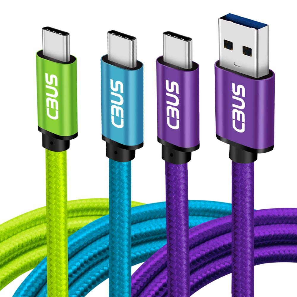 [3-Pack] 6ft Heavy-Duty Double Braided Fast Charging USB-C Cable (Green, Blue, Purple)