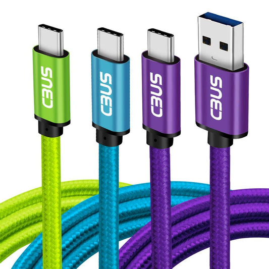 [3-Pack] 6ft Heavy-Duty Double Braided Fast Charging USB-C Cable (Green, Blue, Purple)
