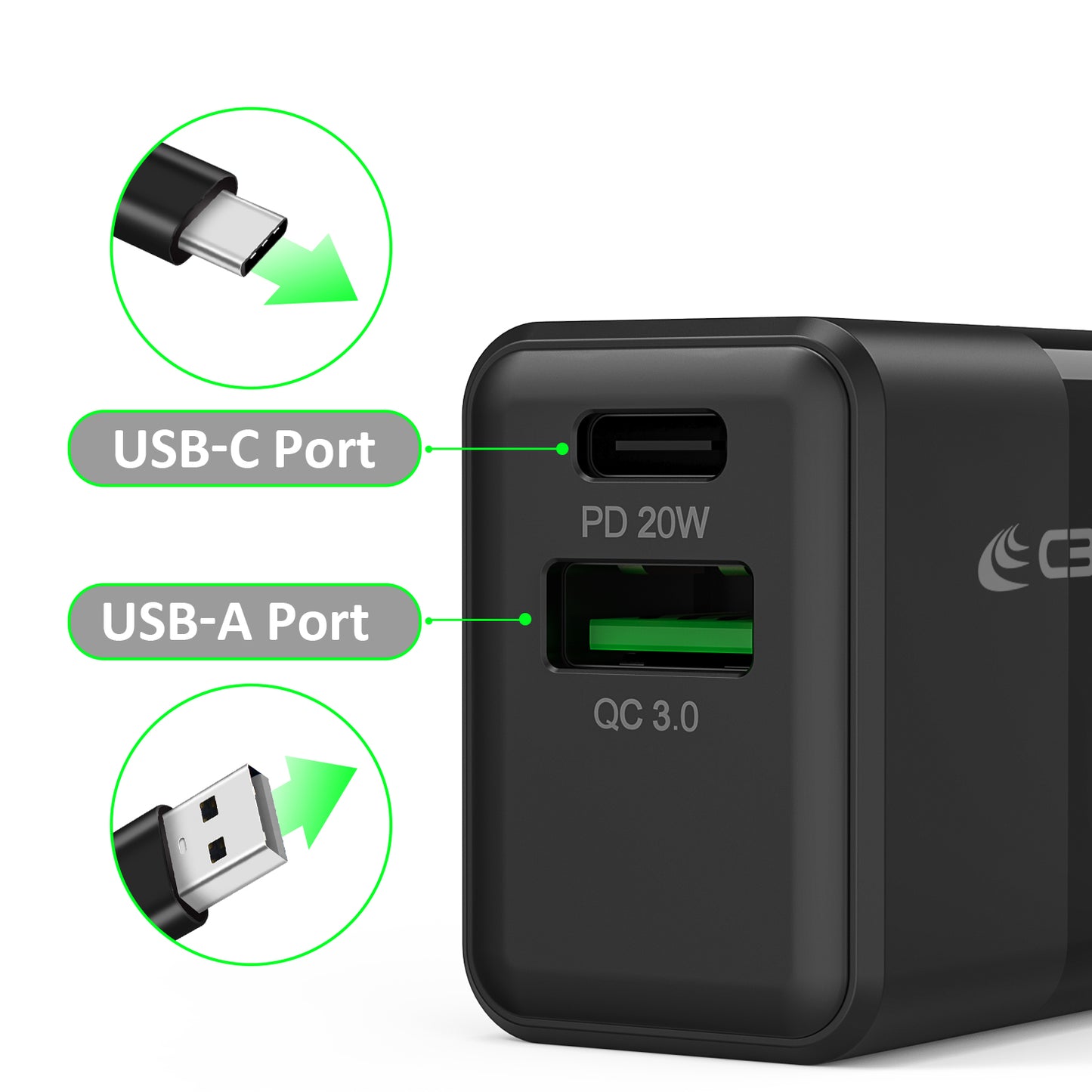 2-Port, 20W Fast Charging Wall Charger (USB-C + USB-A)